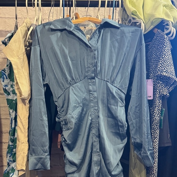 Cider • NWT Teal Satin Ruched Dress PTP 17”-20” - Picture 5 of 5